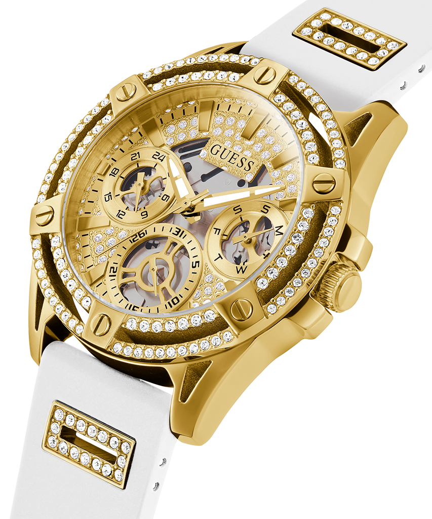 Guess Queen Quartz Gold Dial White Silicone Strap Watch For Women - GW0536L2