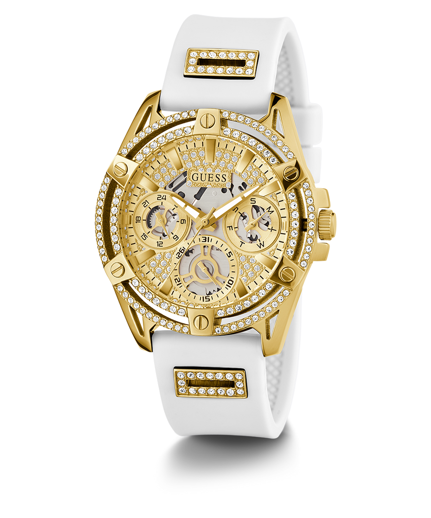 Guess Queen Quartz Gold Dial White Silicone Strap Watch For Women - GW0536L2