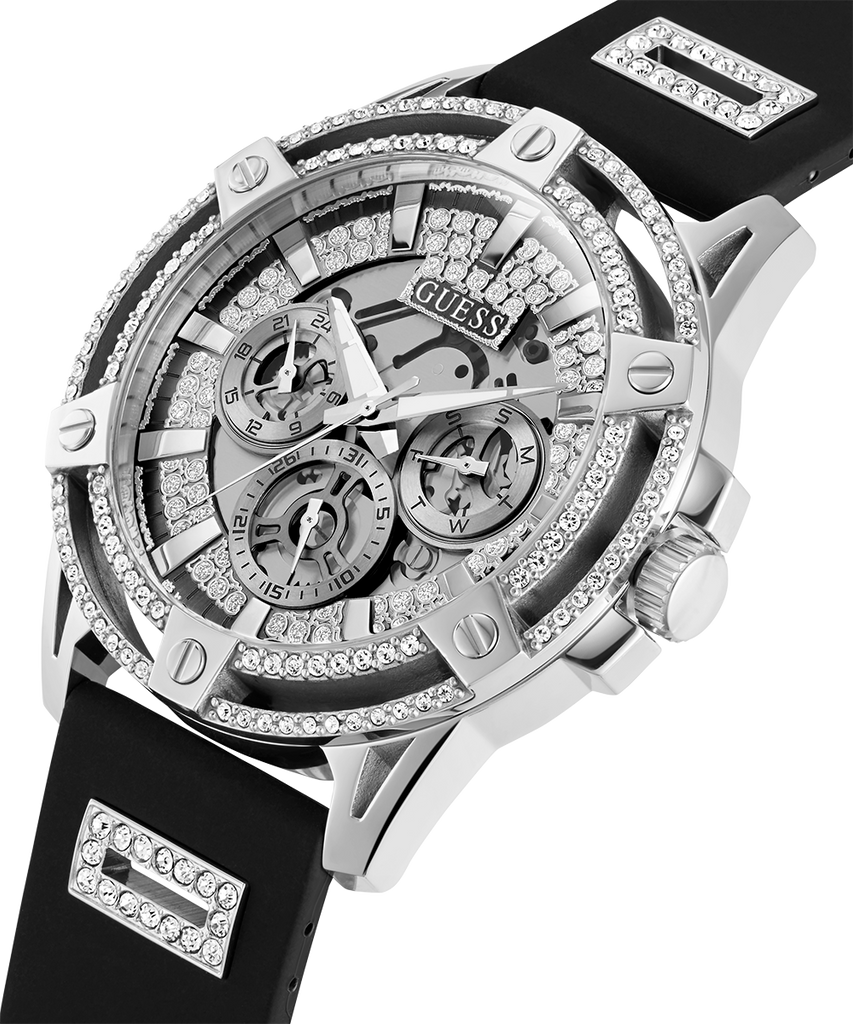 Guess King Quartz Crystals Silver Dial Black Silicone Strap Watch For Men - GW0537G1