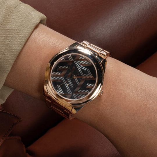 Guess Cubed Analog Black Dial Rose Gold Steel Strap Watch For Women - GW0607L3