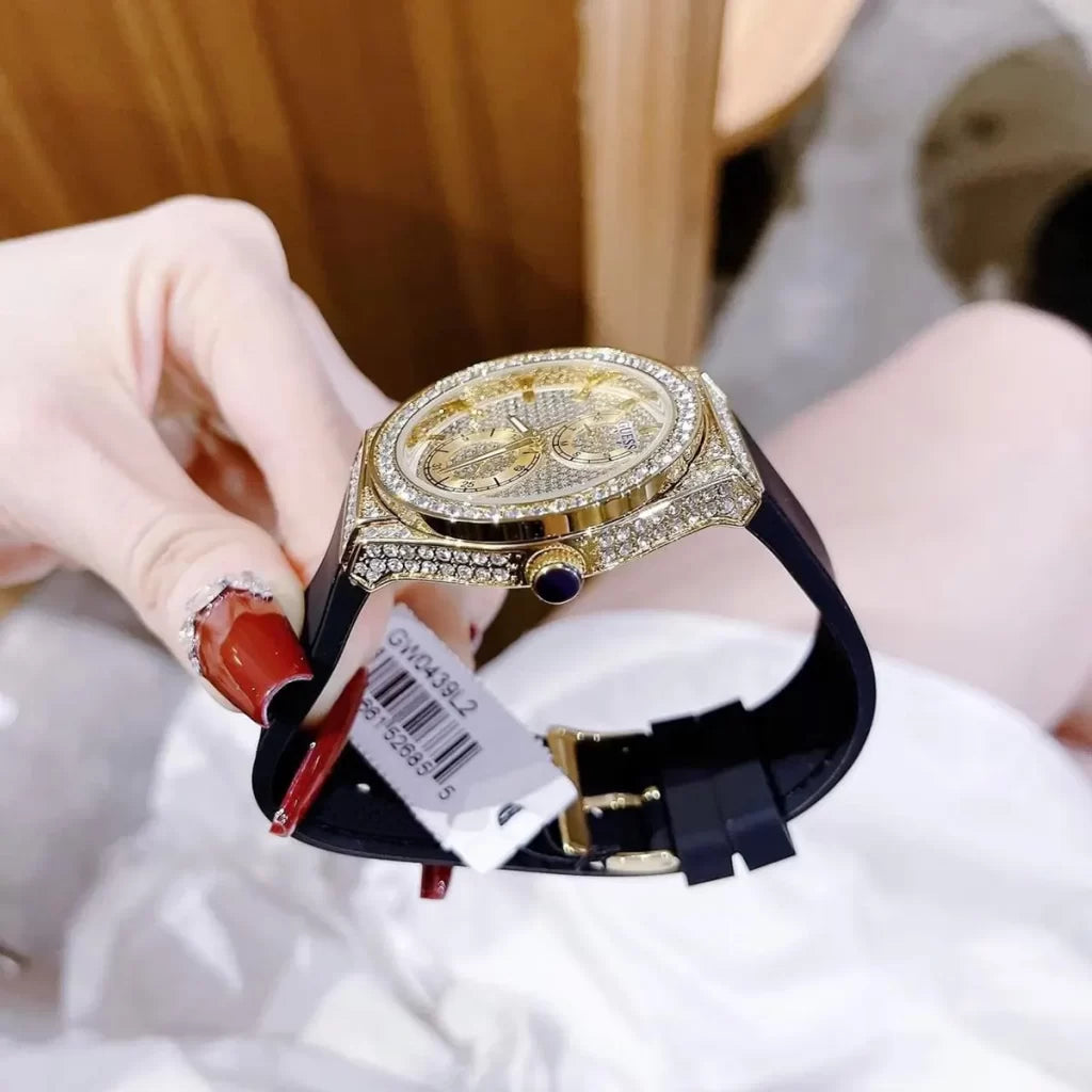 Guess GW0439L2 Princess Crystals Women’s Watch – Gold Dial & Black Silicone Strap