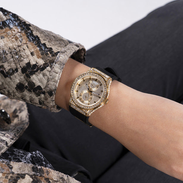 Guess GW0439L2 Princess Crystals Women’s Watch – Gold Dial & Black Silicone Strap