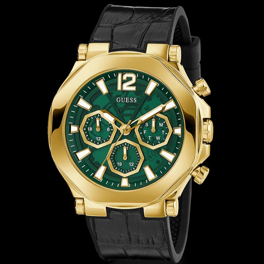 Guess Edge Chronograph Green Dial Black Leather Strap Watch For Men - GW0492G3