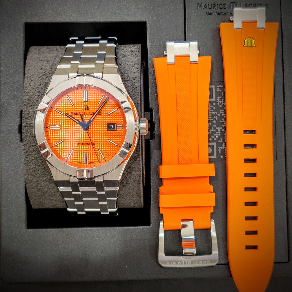 Maurice Lacroix AI6008 Aikon Automatic Date Men’s Watch – Orange Dial & Silver Steel Strap