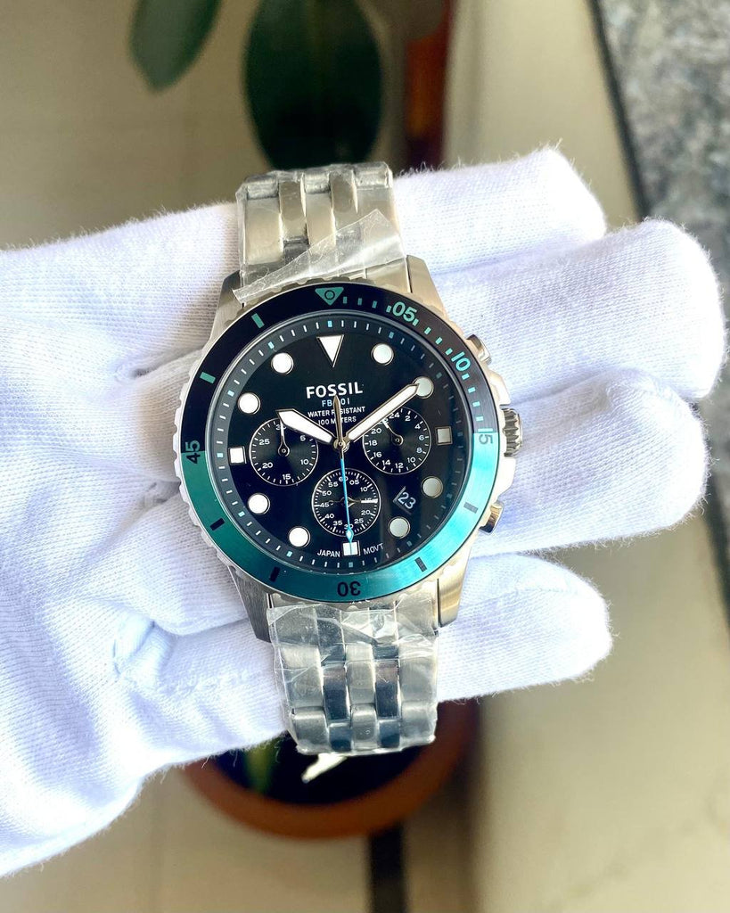 Fossil FS5827 FB-01 Chronograph Men’s Watch – Black Dial with Silver Steel Strap