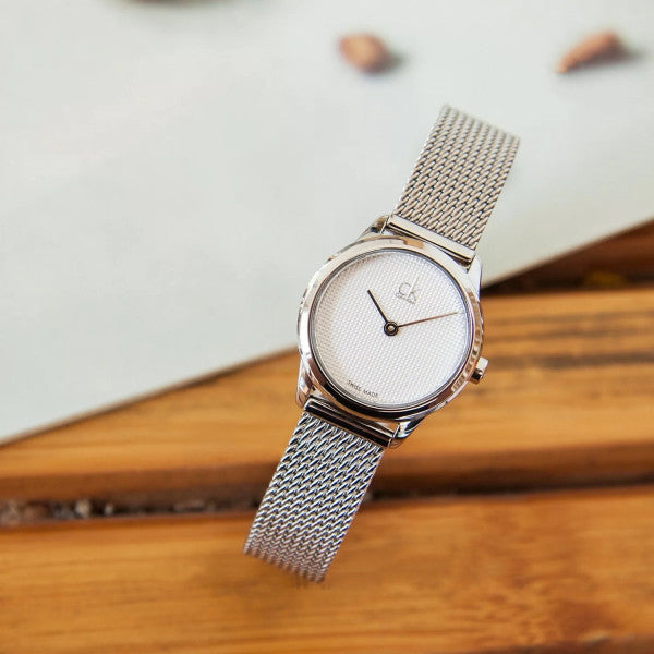 Calvin Klein Minimal White Dial Silver Mesh Bracelet Watch for Women - K3M2312Y