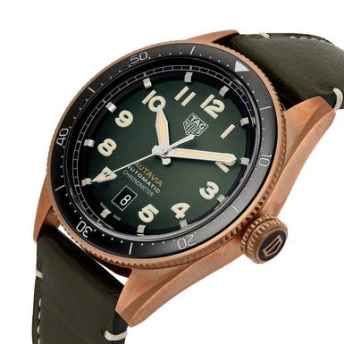 Tag Heuer Autavia Calibre 5 Automatic Olive Green Dial Green Leather Strap Watch for Men - WBE5190.FC8268