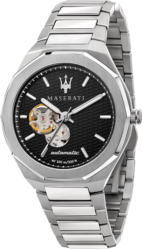 Maserati Stile Skeleton Automatic Black Dial Silver Steel Strap Watch For Men - R8823142002