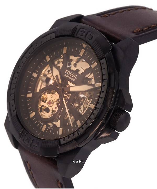 Fossil Bronson Automatic Skeleton Black Dial Brown Leather Strap Watch for Men - ME3219