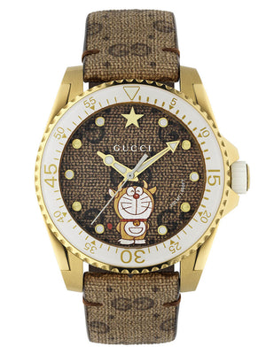 Gucci Dive Doraemon Brown Dial Brown Leather Strap Watch For Men - YA136334