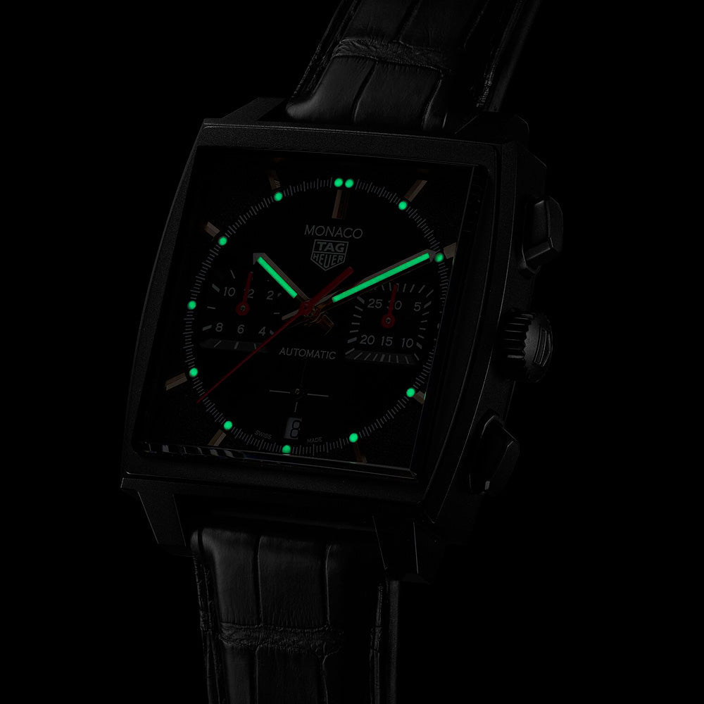 Tag Heuer Monaco Automatic Chronograph Black Dial Black Leather Strap Watch for Men - CBL2180.FC6497