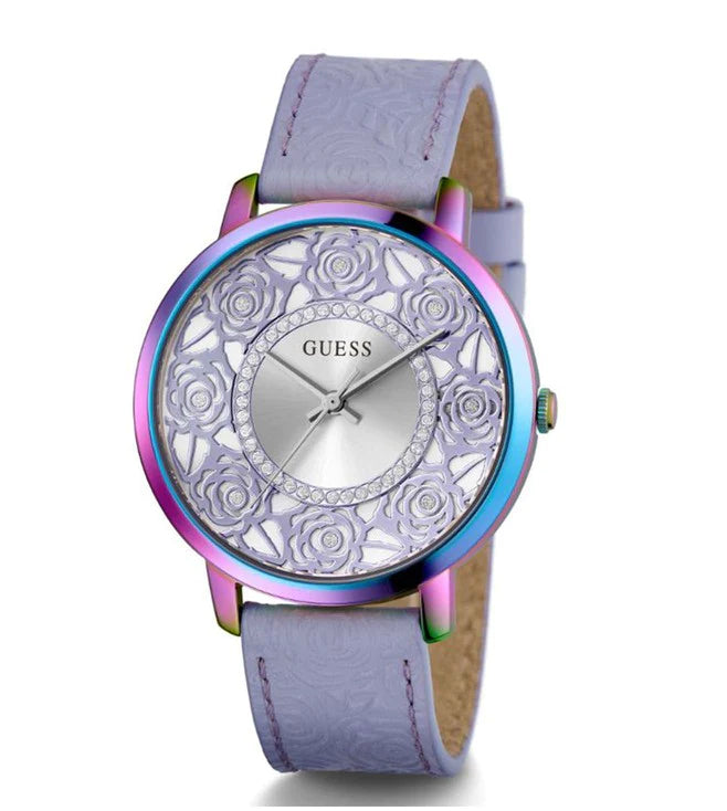 Guess Dahlia Analog Silver Dial Purple Leather Strap Watch For Women - GW0529L4