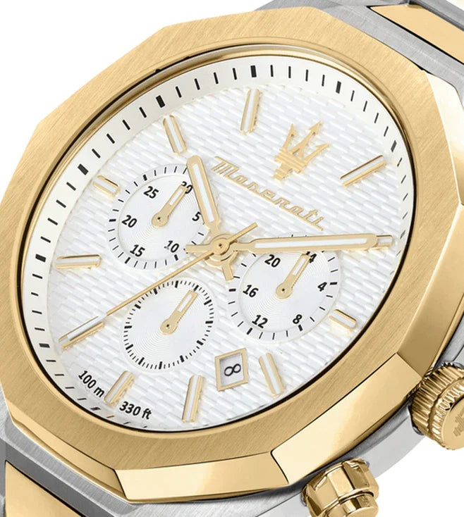 Maserati Stile Chronograph White Dial Two Tone Steel Strap Watch For Men - R8873642009