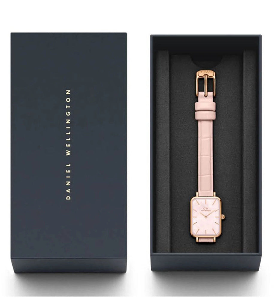 Daniel Wellington Quadro Pressed Mother of Pearl Pink Dial Pink Leather Strap Watch For Women - DW00100508