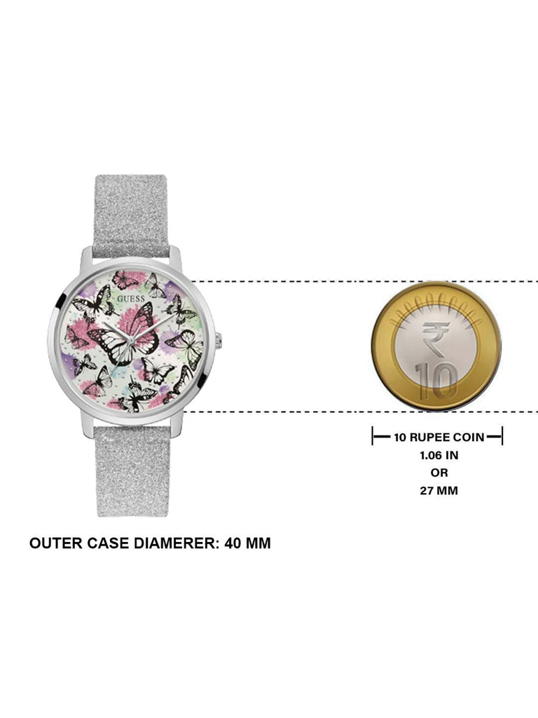 Guess Sparkle Butterfly White Dial Silver Leather Strap Watch For Women - GW0008L1