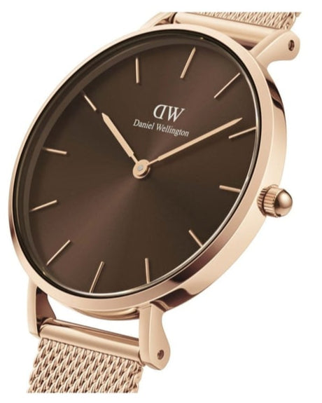Daniel Wellington Petite Amber Brown Dial Rose Gold Mesh Strap Watch for Women - DW00100478