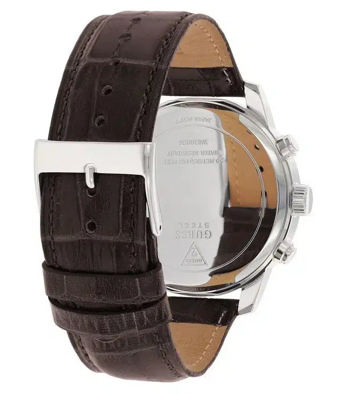 Guess Pinnacle Chronograph Quartz Blue Dial Brown Leather Strap Watch For Men - W0673G1