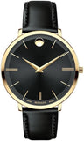 Movado 0607091 Ultra Slim Women's Watch – Black Dial & Black Leather Strap