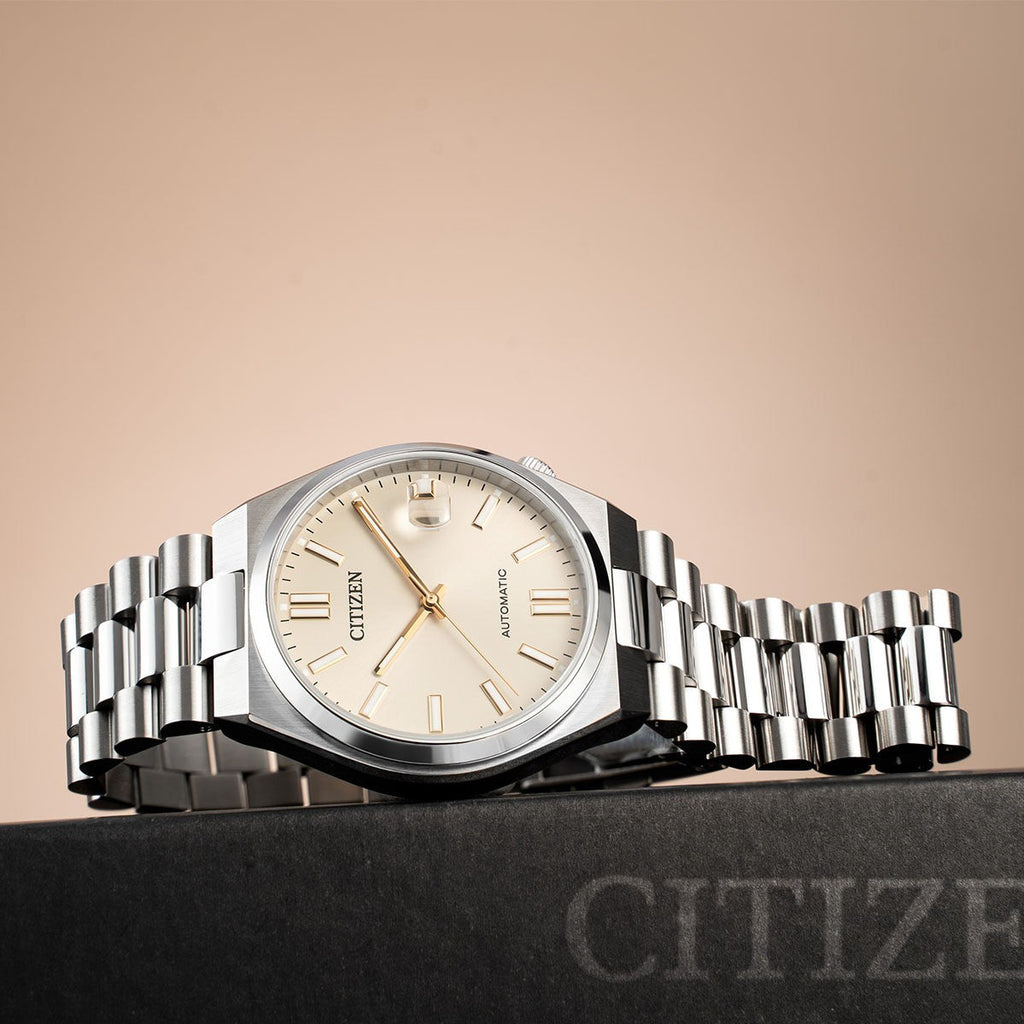 Citizen Tsuyosa NJ0151-88W Men's Automatic Watch – Oatmeal White Dial with Silver Steel Strap