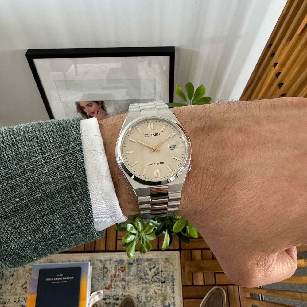 Citizen Tsuyosa NJ0151-88W Men's Automatic Watch – Oatmeal White Dial with Silver Steel Strap