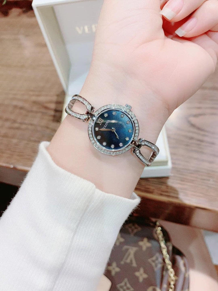 Bulova Crystal Black Mother of Pearl Dial Silver Steel Strap Watch for Women - 96L224