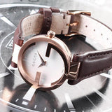 Gucci G Interlocking Mother of Pearl Dial Brown Leather Strap Watch For Women - YA133516