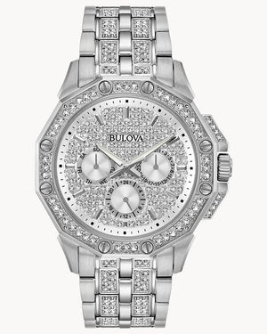 Bulova Crystal Collection Pave Silver Dial with Crystals Silver Steel Strap Watch for Men - 96C134