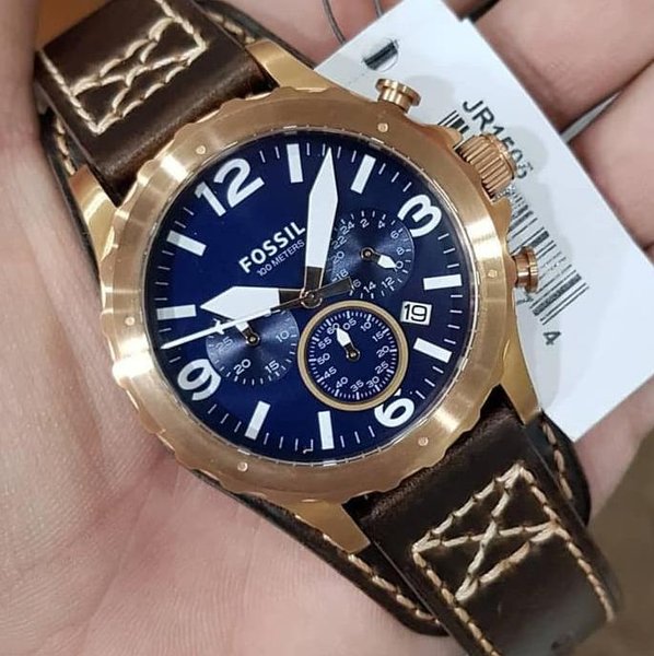 Fossil Nate Chronograph Blue Dial Brown Leather Strap Watch for Men - JR1505