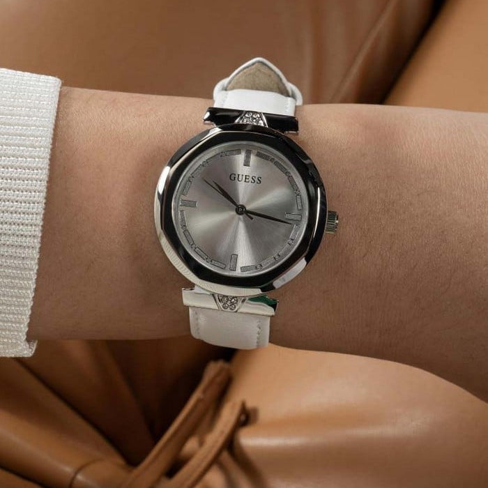 Guess Rumour Silver Dial White Leather Strap Watch For Women - GW0689L1