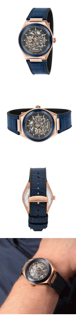 Maserati Triconic Skeleton Black Dial Blue Leather Strap Watch For Men - R8821139001