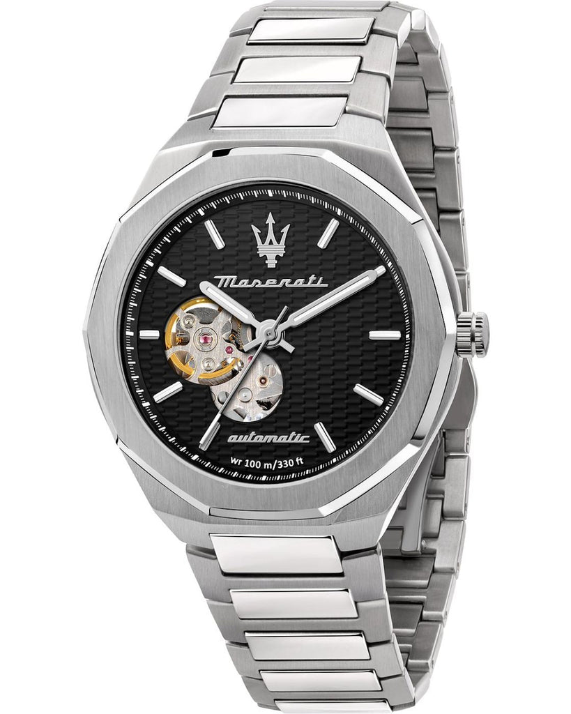 Maserati Stile Skeleton Automatic Black Dial Silver Steel Strap Watch For Men - R8823142002