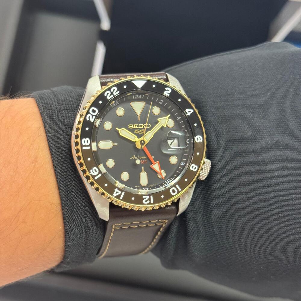 Seiko 5 Sports SSK036K1 SKX GMT Automatic Men's Watch – Mocha Black Dial & Brown Leather Strap