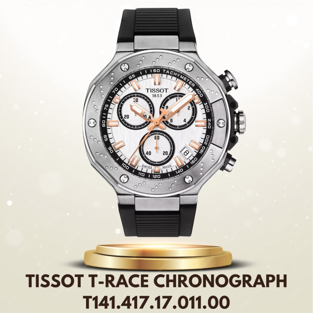 Tissot T141.417.17.011.00 T-Race Chronograph Men’s Watch – White Dial & Black Rubber Strap