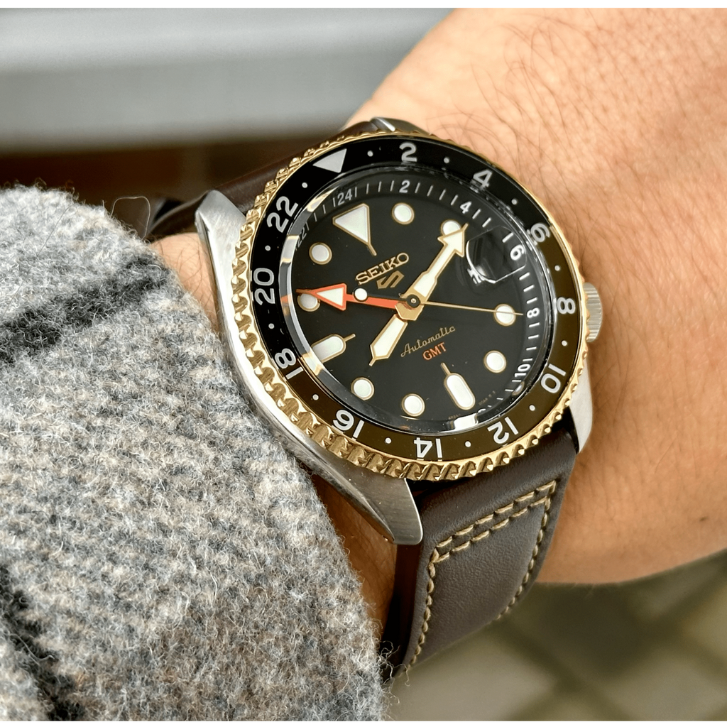 Seiko 5 Sports SSK036K1 SKX GMT Automatic Men's Watch – Mocha Black Dial & Brown Leather Strap