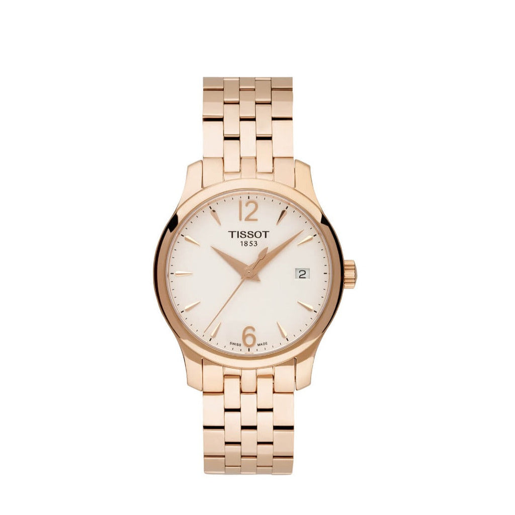 Tissot T Classic Tradition Lady White Dial Rose Gold Steel Strap Watch for Women - T063.210.33.037.00