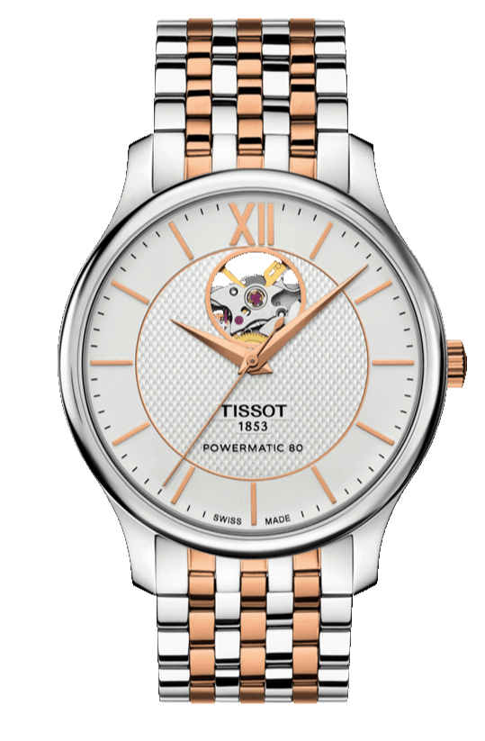 Tissot Tradition Powermatic 80 Open Heart Silver Dial Two Tone Steel Strap Watch For Men - T063.907.22.038.01