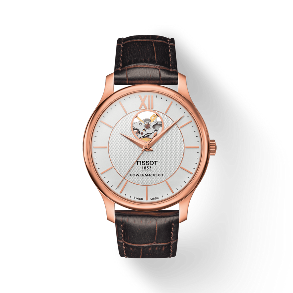 Tissot Tradition Powermatic 80 Open Heart Silver Dial Brown Leather Strap Watch For Men - T063.907.36.038.00