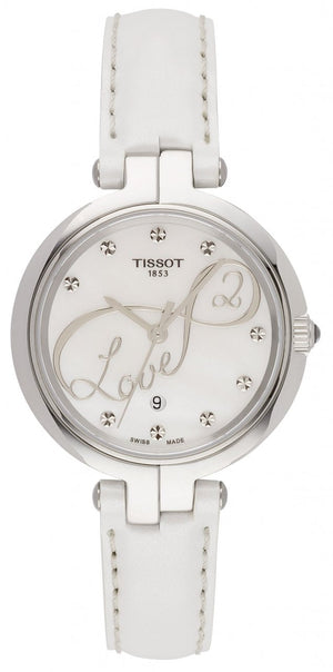 Tissot T Trend Flamingo Valentines Mother of Pearl White Dial White Leather Strap Watch For Women - T094.210.16.111.01