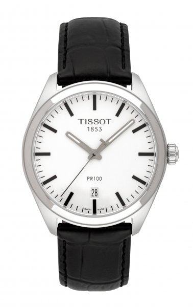 Tissot T Classic PR 100 White Dial Black Leather Strap Watch for Men - T101.410.16.031.00