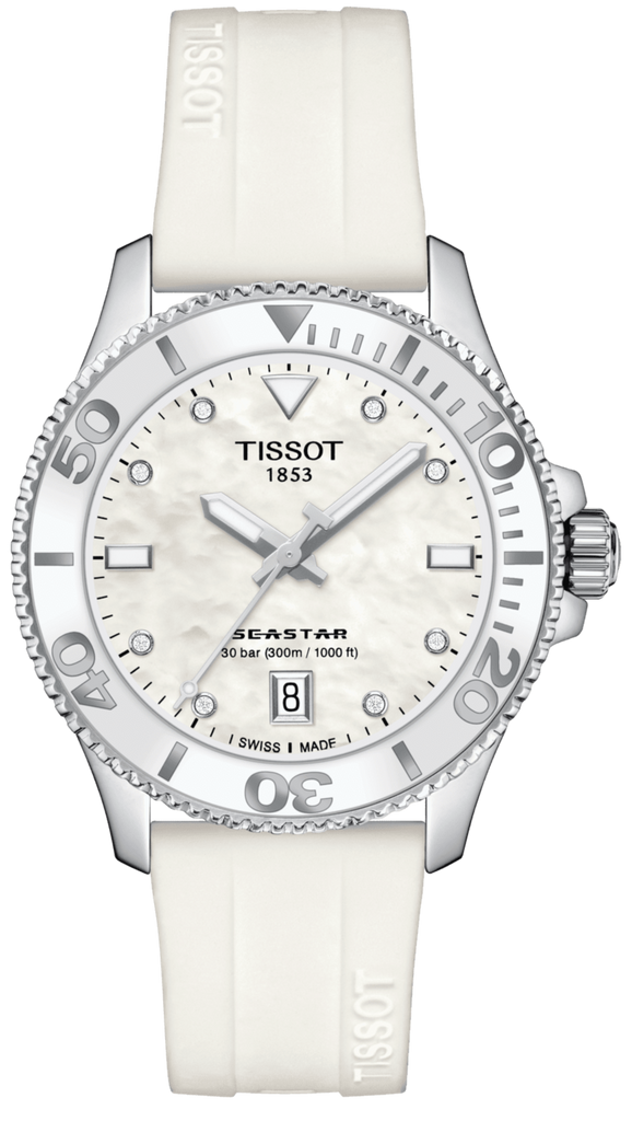 Tissot Seastar 1000 Mother of Pearl White Dial White Rubber Strap Watch for Women - T120.210.17.116.00