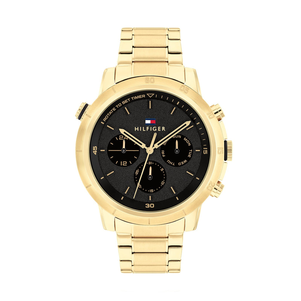 Tommy Hilfiger Troy Chronograph Black Dial Gold Steel Strap Watch For Men - 1792109