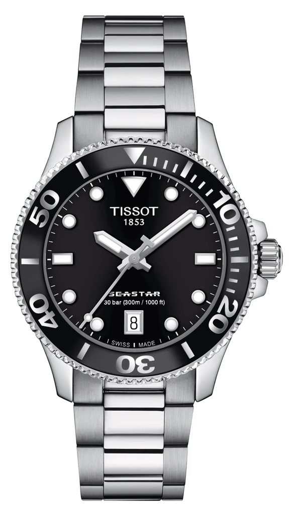 Tissot Seastar 1000 Lady Black Dial Silver Steel Strap Watch for Women - T120.210.11.051.00