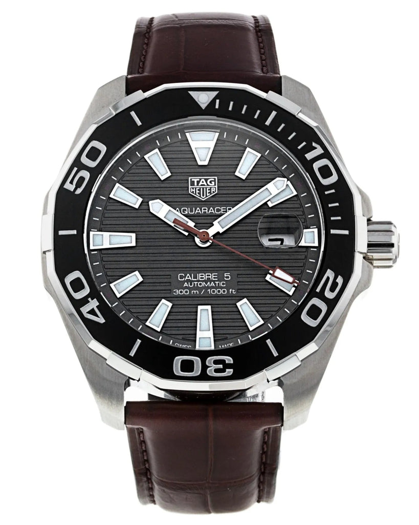 Tag Heuer Aquaracer Caliber 5 Black Dial Brown Leather Strap Watch for Men - WAY201M.FC6474