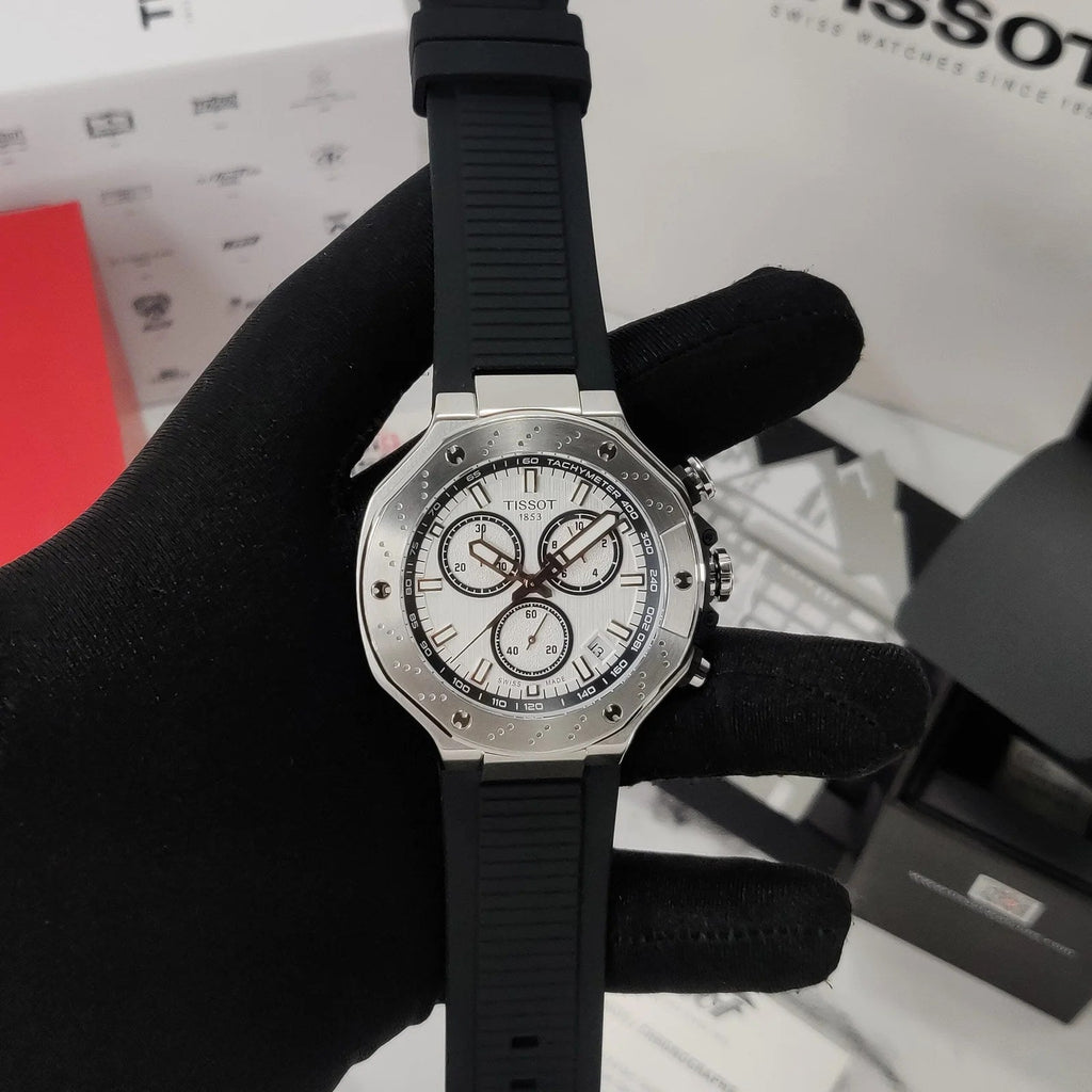Tissot T141.417.17.011.00 T-Race Chronograph Men’s Watch – White Dial & Black Rubber Strap