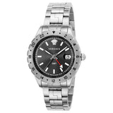 Versace Hellenyium GMT Black Dial Silver Steel Strap Watch for Men - V11020015