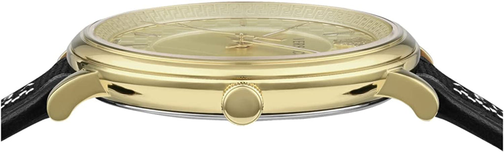 Versace V-Circle Manifesto Gold Dial Black Leather Strap Watch for Men - VBQ030017