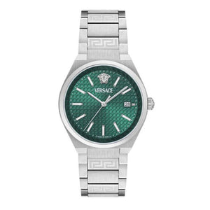 Versace V-Auria Quartz Green Dial Silver Steel Strap Watch for Men - VE0F00125