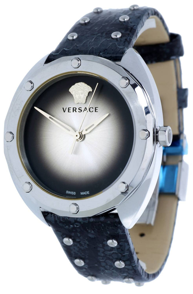 Versace Shadov Quartz Silver Dial Black Snake Leather Strap Watch for Women - VEBM00118