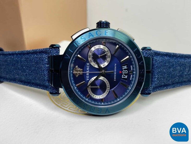 Versace Aion Chronograph Blue Dial Blue Leather Strap Watch for Men - VBR070017