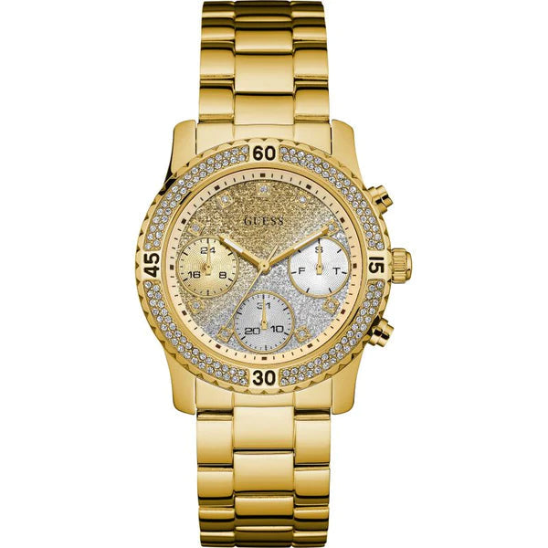 Guess Confetti Diamonds Silver Dial Gold Steel Strap Watch for Women - W0774L5